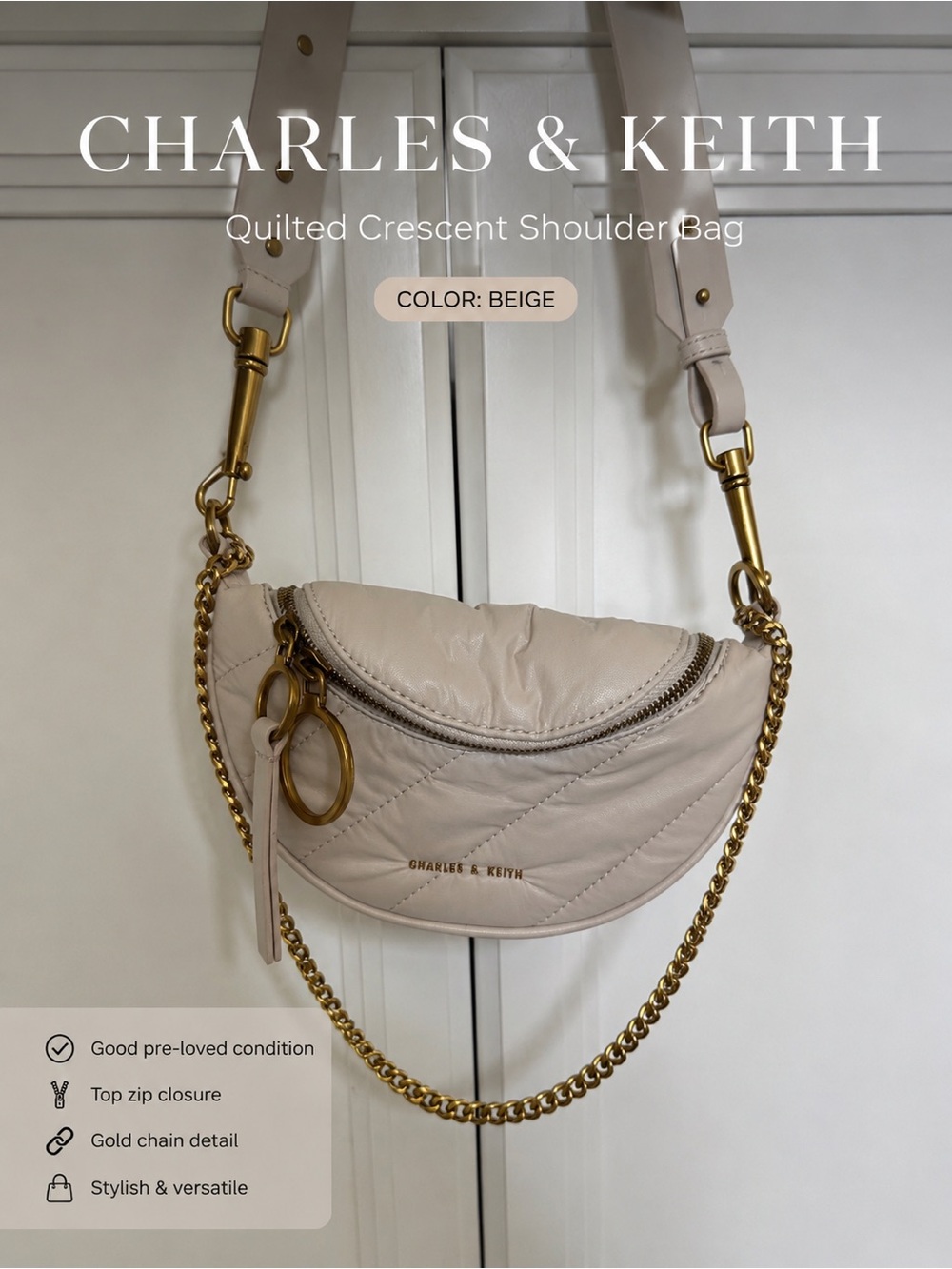 Charles & Keith Beige Quilted Crescent Shoulder Bag with Gold Hardware